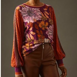 Anthropologie Bl^nk Contrast Eyelet Sleeves Pullover Sweater Floral $120 XL